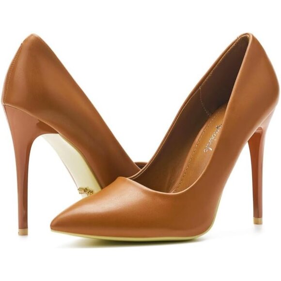 Womens Brown Polyurethane (PU) Pointed Closed Toe Slip On Heels Leather Pumps - Picture 7 of 8